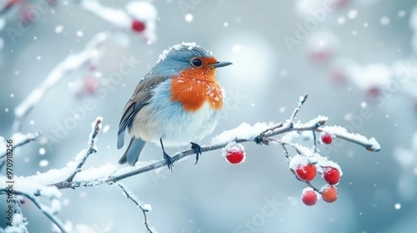 Obraz Robin Perched on a Snowy Branch