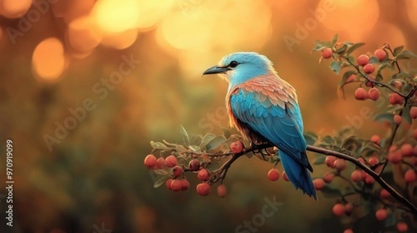 Obraz A Vibrant Blue Roller Bird Perched on a Branch