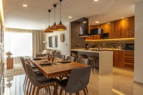 Fototapeta Amplio salón junto a la cocina moderno con isla. Cocina de madera, lámparas colgantes de metal dorado sobre la mesa. Ventanales grandes. Sillas cómodas. Diseño caro, de ricos. Recurso gráfico, fondo. 