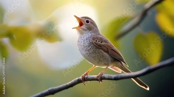 Obraz A Small Bird Singing in a Sunny Forest