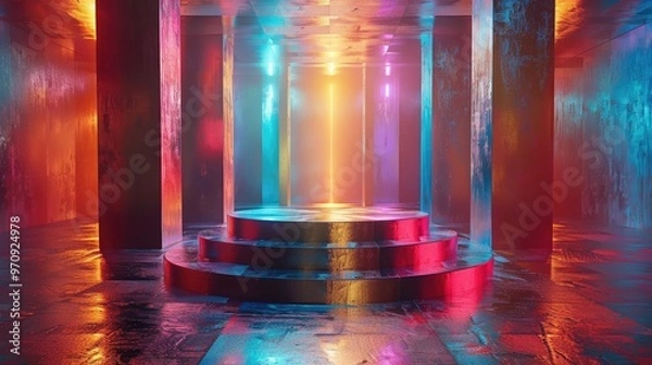 Fototapeta Futuristic neon lit corridor with a vibrant color scheme and dynamic architectural elements  This surreal and atmospheric digital render showcases a modern urban landscape with symmetrical patterns