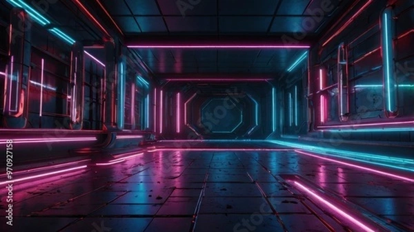 Fototapeta Abstract neon light background with 3D technology for a futuristic sci-fi scene