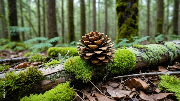 Fototapeta Pinecone resting on a mossy log in the woods