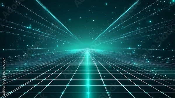 Fototapeta A futuristic digital landscape with glowing lines and a grid, creating a sense of depth and motion in a vibrant teal hue.