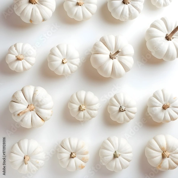 Obraz White pumpkins. Round autumn minimal arrangement. Flat lay, top view,
