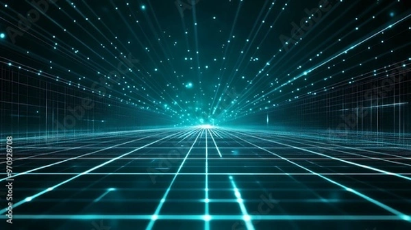 Fototapeta A futuristic digital landscape with glowing lines, light particles, and a grid, creating a sense of depth and motion.