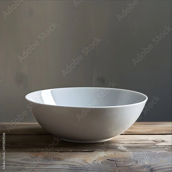 Fototapeta empty white bowl on wooden table on  gray  background,