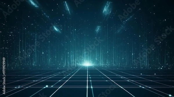 Fototapeta A mesmerizing digital landscape featuring glowing lines and particles, evoking a sense of depth and futuristic technology.