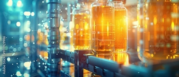 Fototapeta Close-up of illuminated glass jars filled with liquid, showcasing modern industrial technology in a vibrant workshop environment.
