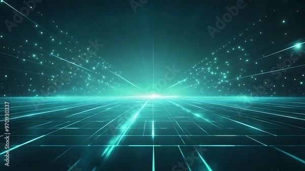 Fototapeta A mesmerizing digital landscape with glowing lines and particles, evoking a sense of depth and futuristic ambiance.