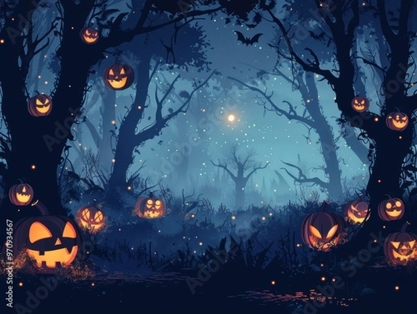Fototapeta Enchanted forest with glowing jackolanterns, magical Halloween,
