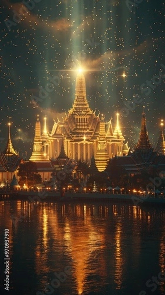 Fototapeta Illuminated Majestic Buddhist Temple with Intricate Architecture Reflecting in the Tranquil Water at Night Creating a Serene and Enchanting Atmosphere in the Heart of Thailand s Vibrant Capital City