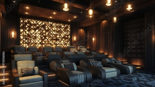 Fototapeta An elegant private home theater featuring contemporary interior design with comfortable tiered seating: striking hanging lights: and geometric wall patterns.