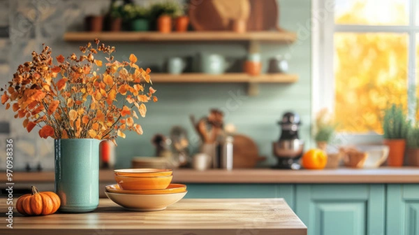 Fototapeta A cozy kitchen setting features an autumn-themed centerpiece with orange foliage in a blue vase on a wooden table, creating a warm and inviting ambiance of the fall season.