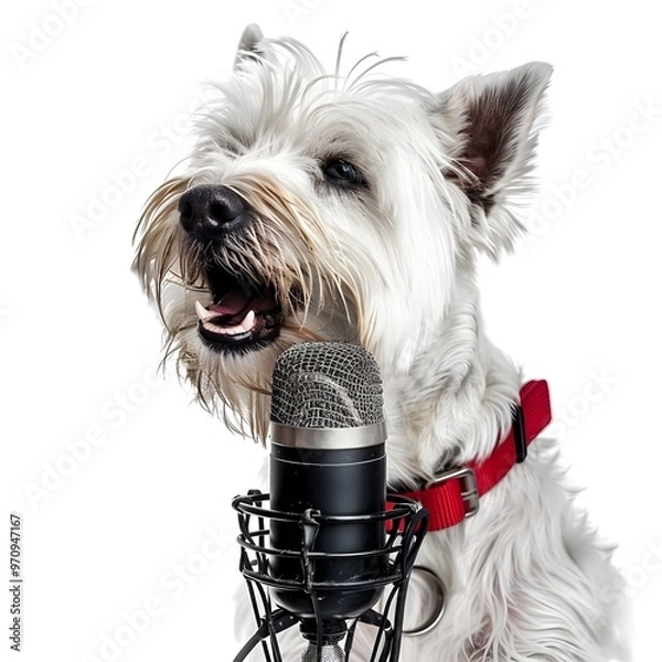 Fototapeta "A white dog wearing a checkered shirt, holding a microphone on white background,
