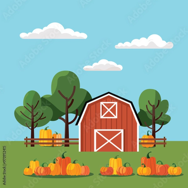 Fototapeta Fall Illustration Templates with Barn and Pumpkins