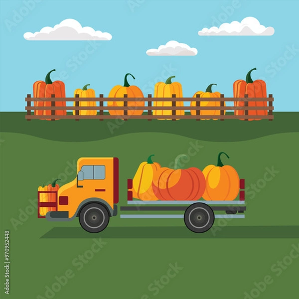 Fototapeta Fall Illustration Templates with Barn and Pumpkins