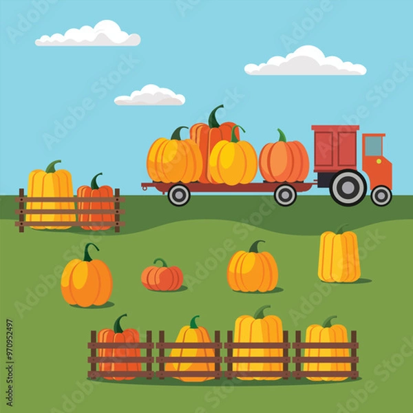 Fototapeta Fall Illustration Templates with Barn and Pumpkins