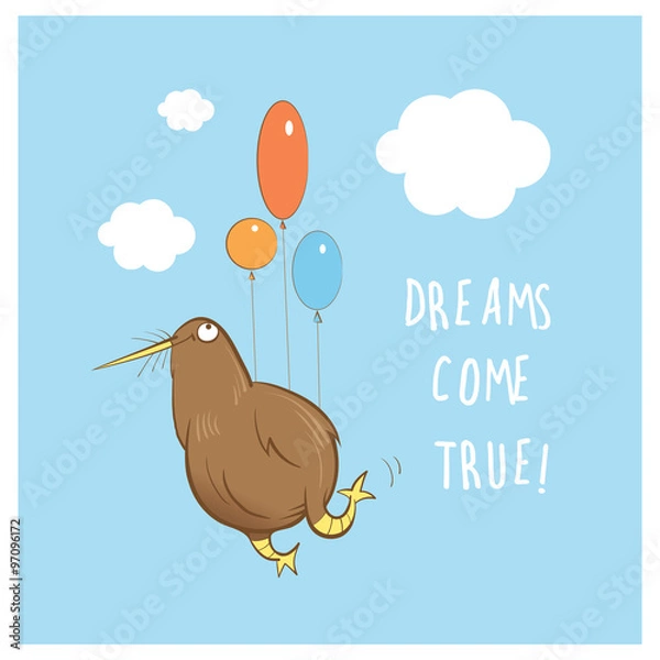 Fototapeta Children's vector card with cute cartoon kiwi bird flying in the sky by balloons.