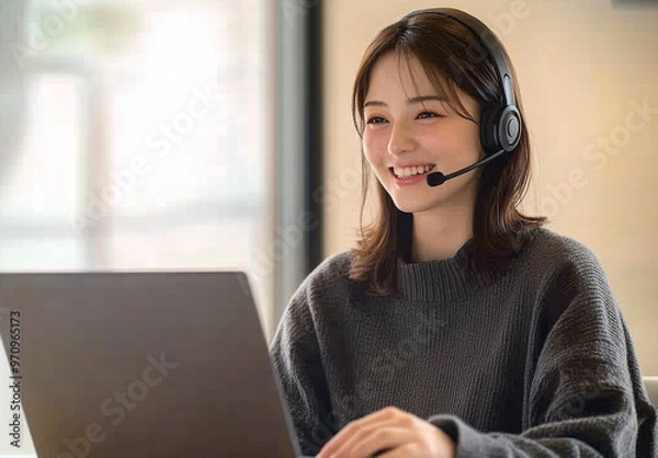 Obraz ヘッドフォンをしてパソコンを使う女性