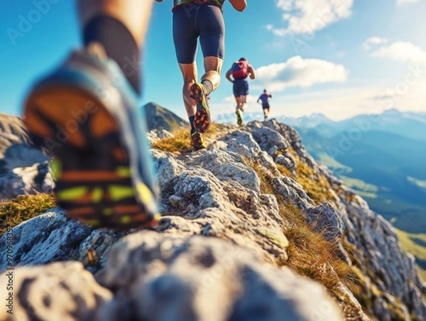 Obraz Dynamic image depicting trail runners in athletic gear traversing a rugged mountain ridge, capturing the essence of endurance sports amidst stunning natural landscapes.