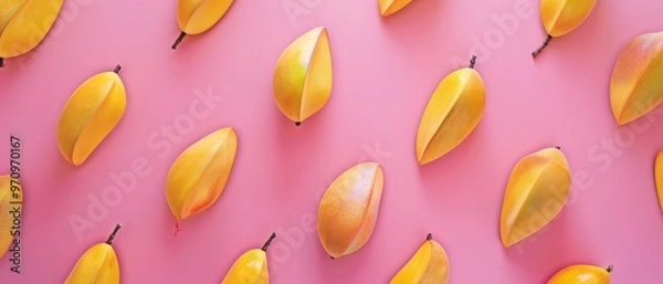 Fototapeta Repetitive pattern of fresh whole mangoes on a pink background, creating an attractive and vibrant fruit display.