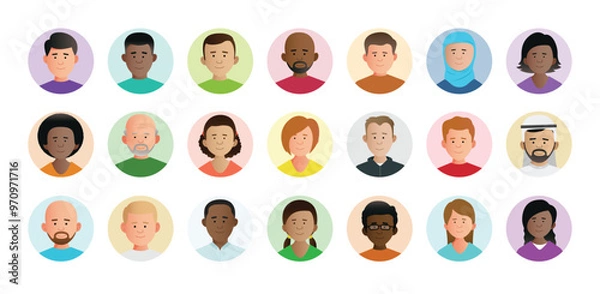 Fototapeta Illustrated flat simple characters social media profile images. Cropped headshots. Lots of diverse colorful  characters. Easy to edit.	