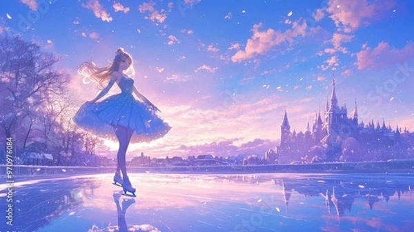 Fototapeta Ice Skating on a Magical Winter Evening. generative ai illustration.