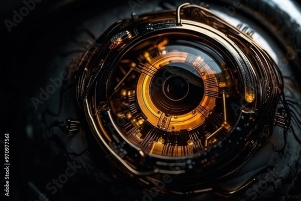 Fototapeta Close-up of futuristic cyborg eye, digital iris, vibrant and dynamic, advanced human eye technology, intricate and powerful, AI Generative