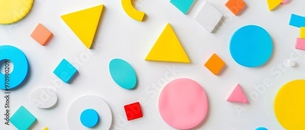 Fototapeta A dynamic spread of various geometric shapes in pastel tones on a white surface, forming a visually appealing and orderly layout.