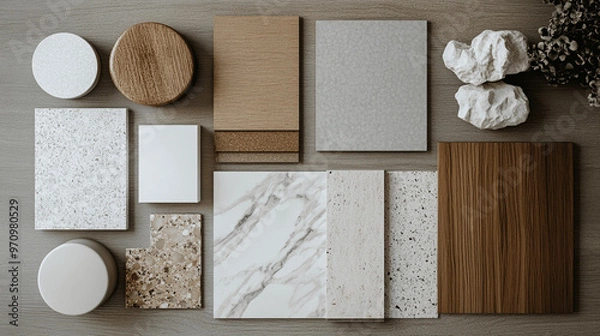 Fototapeta Flat Lay of Interior Design Samples: Marble, Wood, and Stone in Earthy Tones
