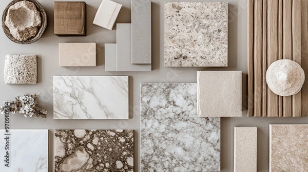 Fototapeta Flat Lay of Interior Design Samples: Marble, Wood, and Stone in Earthy Tones