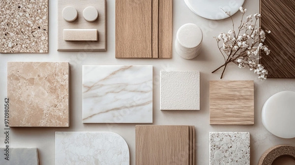 Fototapeta Flat Lay of Interior Design Samples: Marble, Wood, and Stone in Earthy Tones