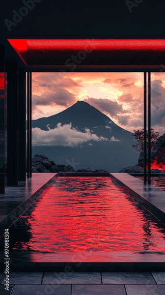 Fototapeta modern black and red swimming with volcano view