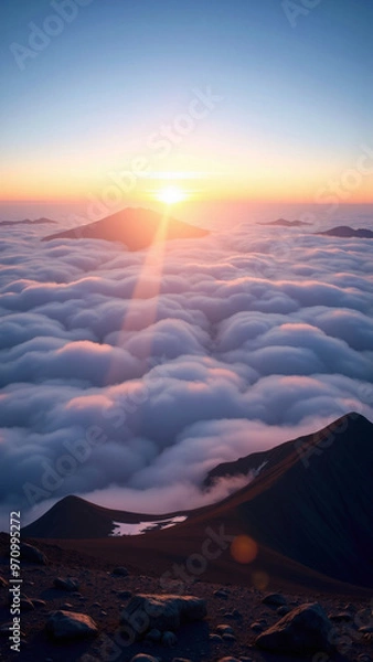 Fototapeta 雲海の上に浮かぶ山々と、日の出がピンクとオレンジの光で輝く壮大な風景。柔らかな青い空と雲が広がり、日の光が雲を照らし、幻想的な雰囲気を醸し出している。