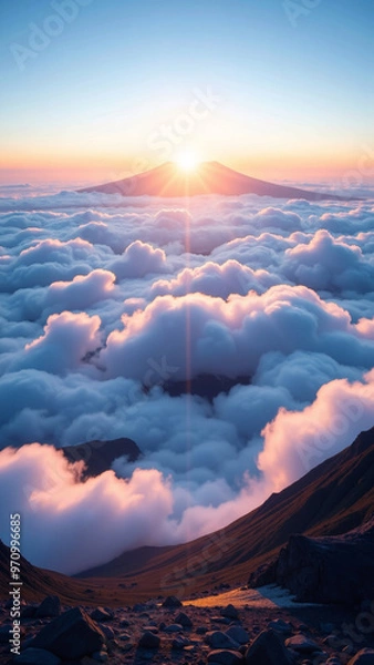 Fototapeta 雲海の上に浮かぶ山頂に昇る太陽、澄んだ青空と柔らかいピンク色の雲が幻想的な風景を作り出し、日の出の光が空と雲を美しく染め上げている壮大なシーン。