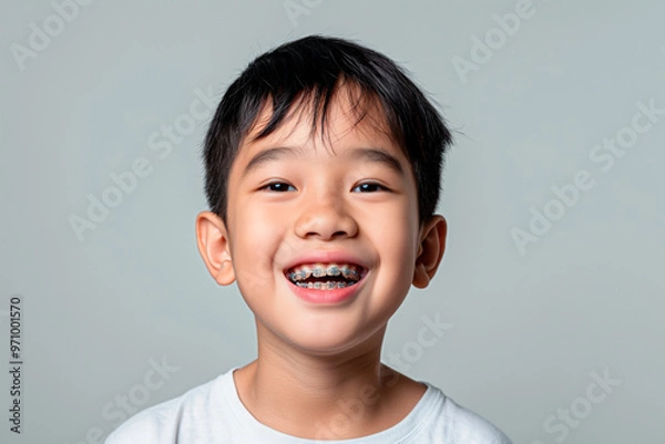 Obraz smiling kid with braces on plain light background
