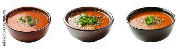 Fototapeta Set, collection of Bowl of tomato soup with parsley isolated on transparent background.