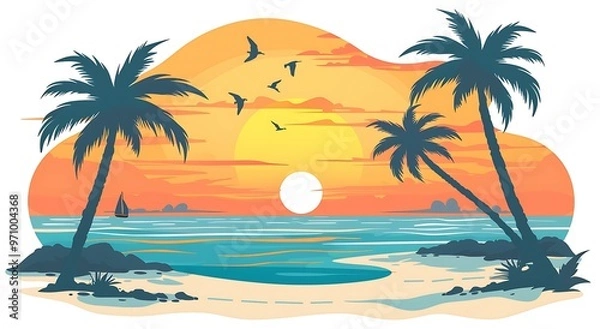 Fototapeta A sunset with a silhouette of a palm tree