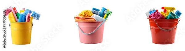 Fototapeta Set, collection of Bucket filled with cleaning supplies isolated on transparent background.