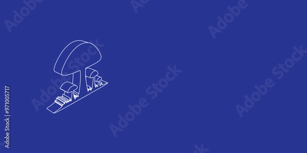 Fototapeta The outline of a large mushrooms symbol made of white lines on the left. 3D view of the object in perspective. Vector illustration on indigo background