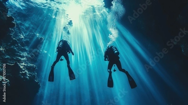 Obraz Diver exploring underwater rocky cave in deep sea.