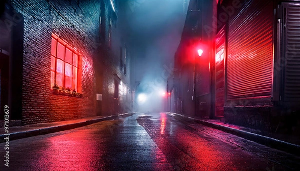 Fototapeta ダークな雰囲気が漂う路地裏に赤いランプが点灯している