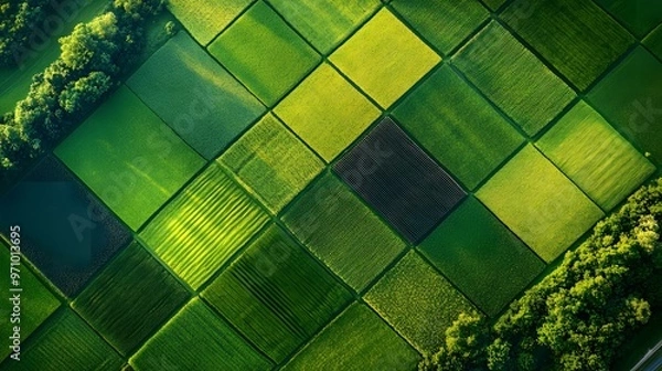 Fototapeta Aerial view of a vibrant agricultural landscape showing patchwork fields and a winding country road, characterized by geometric patterns and bright colors under clear skies.
