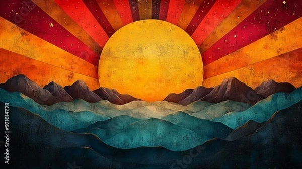 Fototapeta this Sunburst retro vibes graphic print with a groovy 60s-70s background, featuring vibrant colors and patterns.