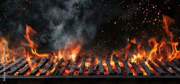 Fototapeta Barbecue background with flames, black grills, and red embers.