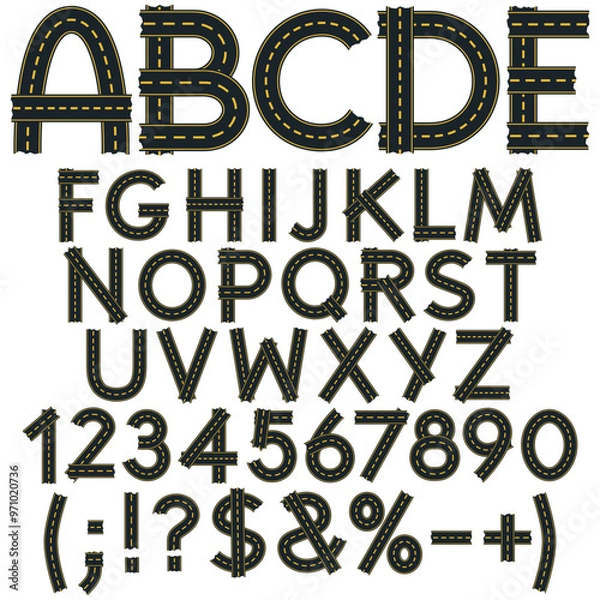Obraz Alphabet, letters, numbers and signs from the road surface, road. Isolated vector objects on white background.