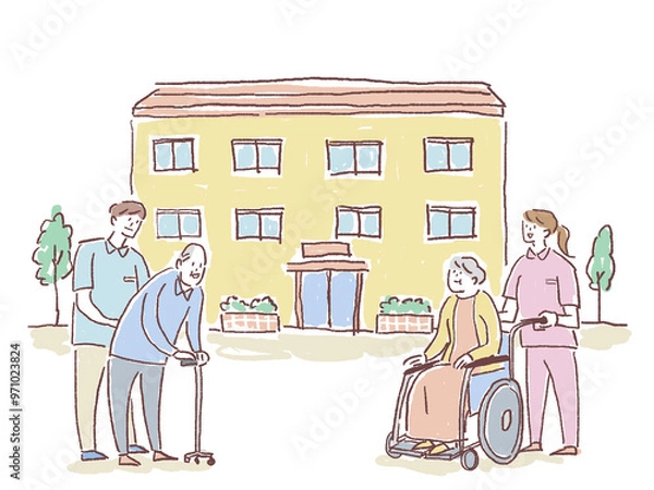 Obraz 介護、福祉系のお仕事イラストG（老人ホーム、施設、車椅子、杖）