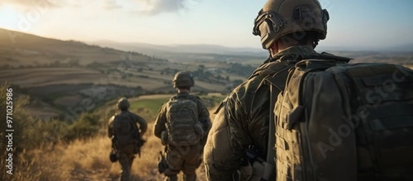 Fototapeta British army soldiers tabbing with 25Kg bergens across open countryside