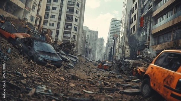 Obraz A powerful earthquake shakes a densely populated city, collapsing buildings and cars